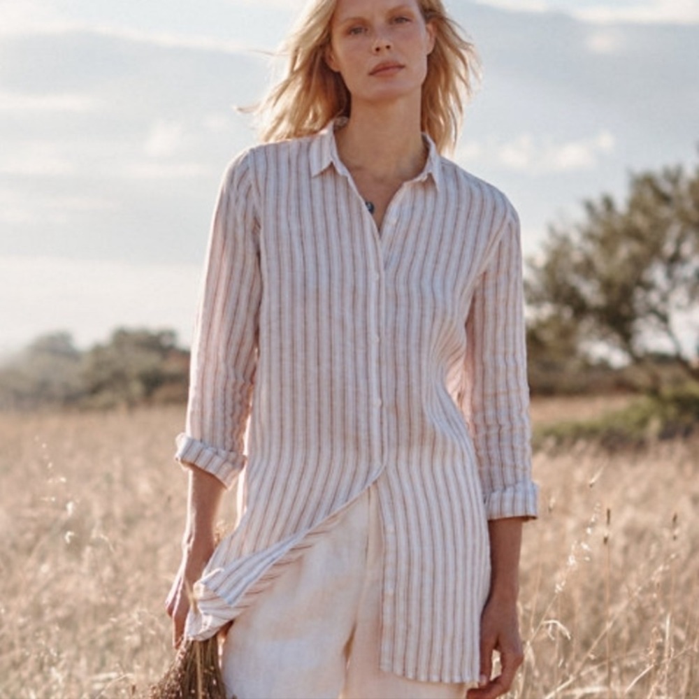 Garnet Hill 100% Linen Easy Linen Striped Button-Up Lightweight Casual Top